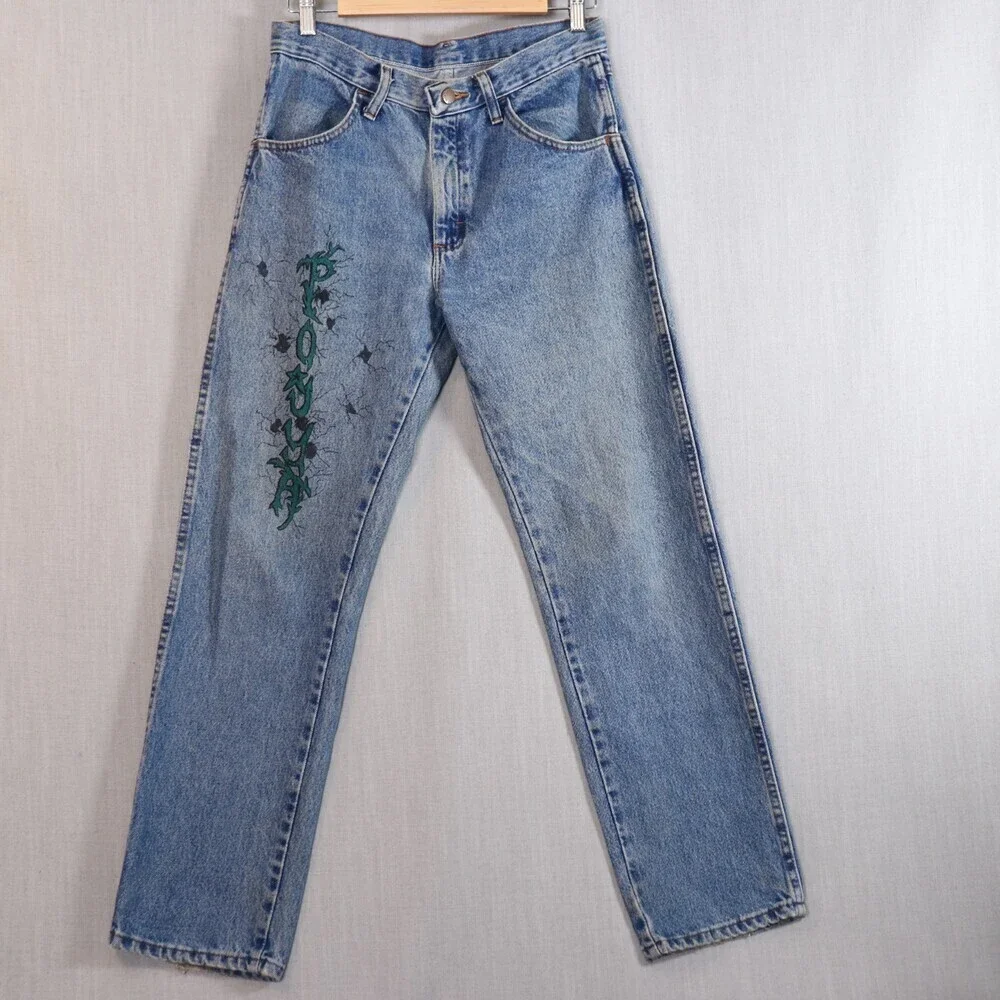 Vintage Rustler Jeans *30x30 Upcycled Tattoo Drawn Art Denim 90s Y2K Bone Skull